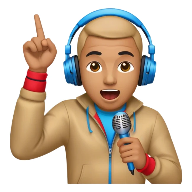 Create a dynamic and energetic emoji that represents beatboxing. The design should feature a microphone with soundwaves or rhythmic beats emanating from it, symbolizing the vocal percussion and rhythm of beatboxing. Add subtle elements like headphones or a beat pattern to reflect the technicality and creativity involved. Use bold, vibrant colors like neon blue, red, and yellow to convey the energy and street culture of beatboxing. The background should be transparent. sticker