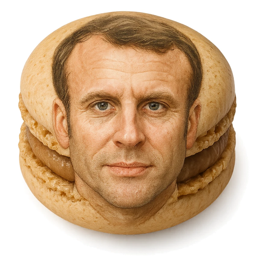 realistic macaron pastry with the shell resembling Emmanuel Macron's face, subtle details sticker