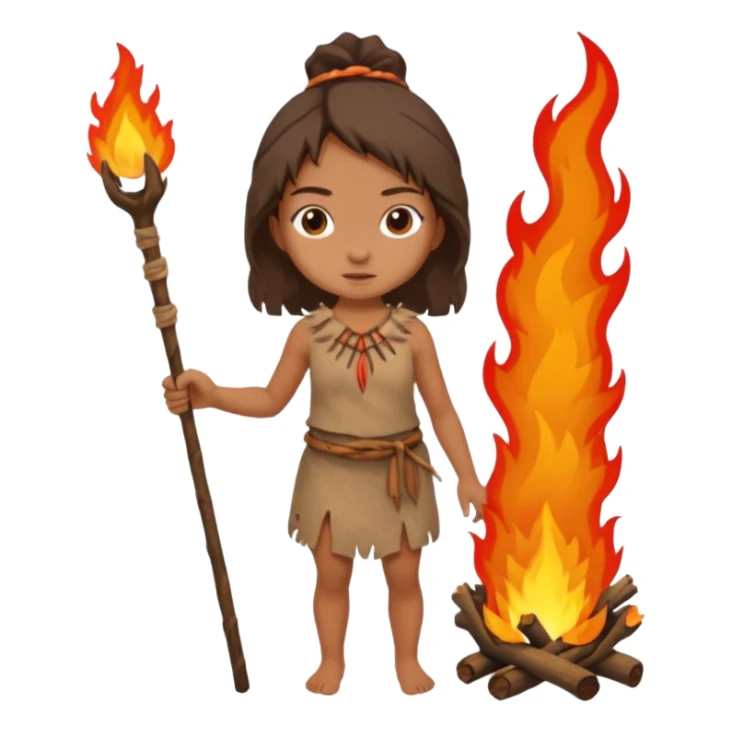 ancient girl, tattered animal skin cloth, hold fire stick sticker