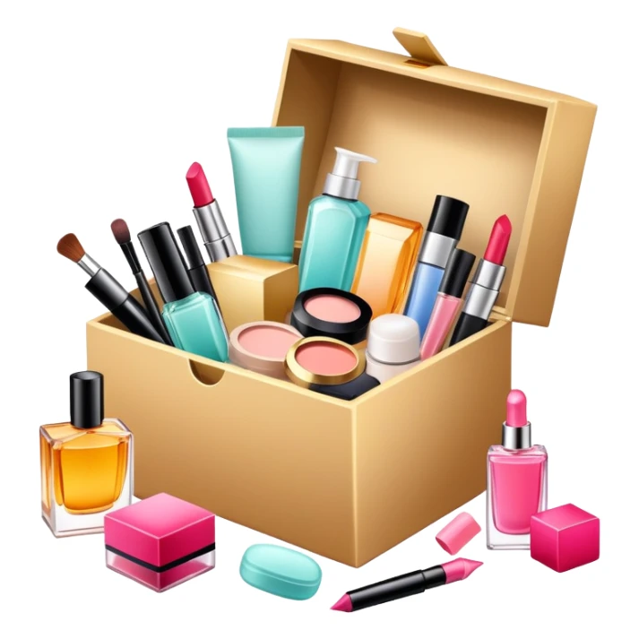 an opened box with various beauty items spilling out, including makeup, skincare, and perfume sticker