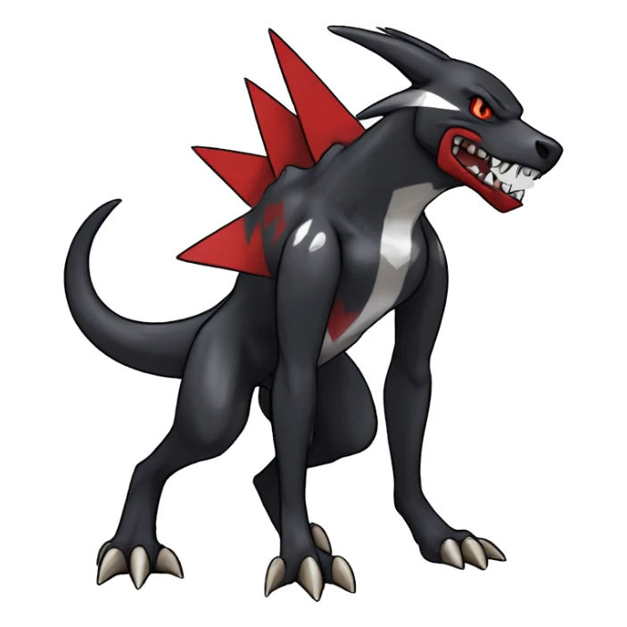 Black Cool Edgy Nargacuga-Houndoom-Garchomp Fakémon Digimon with Red and white Edgy markings, full body, outlined, sharp line Art sticker