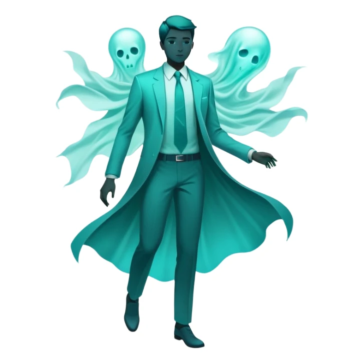 Teal colored ethereal energy forming male silhouette with ghostly floating wardrobe elements like tie, shirt and watch surrounding it, abstract style essence sticker