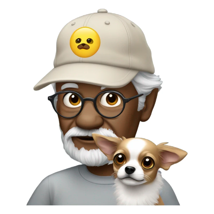 Old man in ball cap holding black long haired chihuahua  sticker