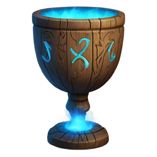A magical goblet, large and imposing, made of aged wood with intricate carvings and ancient runes along its surface. It emits a bright blue glow, with magical flames dancing inside, symbolizing its power and mystery. sticker