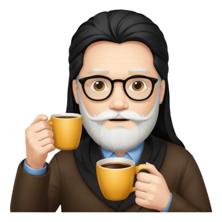 men with white bearded long black hair  with opticals  on holding coffee cup sticker