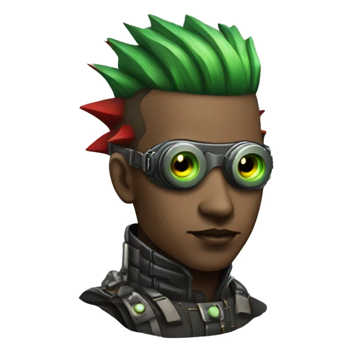 Male cyborg with thin red Mohawk and green steampunk goggles sticker