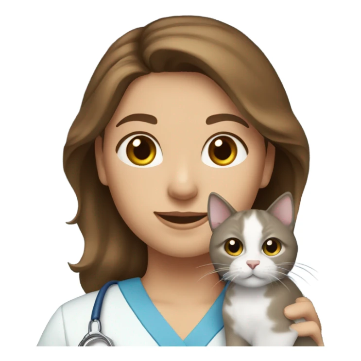 brown haired caucasian girl, wearing blue scrubs and holding a cat  sticker