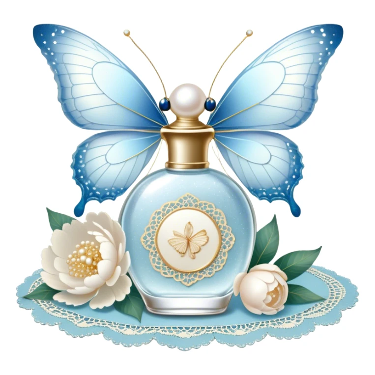 A delicate glass perfume bottle with an iridescent pearl finish rests on a vintage lace doily. A pale blue butterfly flutters nearby, its shimmering wings catching the soft golden light. Scattered white peony petals and a string of pearls add a touch of timeless elegance. sticker