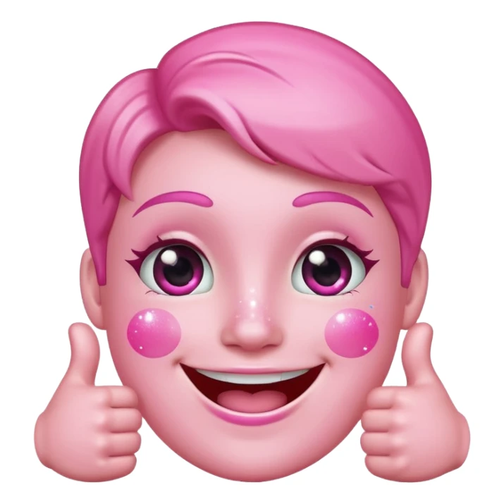 smiling pink face with sparkles and both thumbs up, playful and fun sticker
