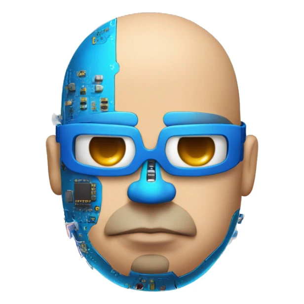 Fat bald cyborg head with tan skin, blue beard, blue goggles and circuits sticker