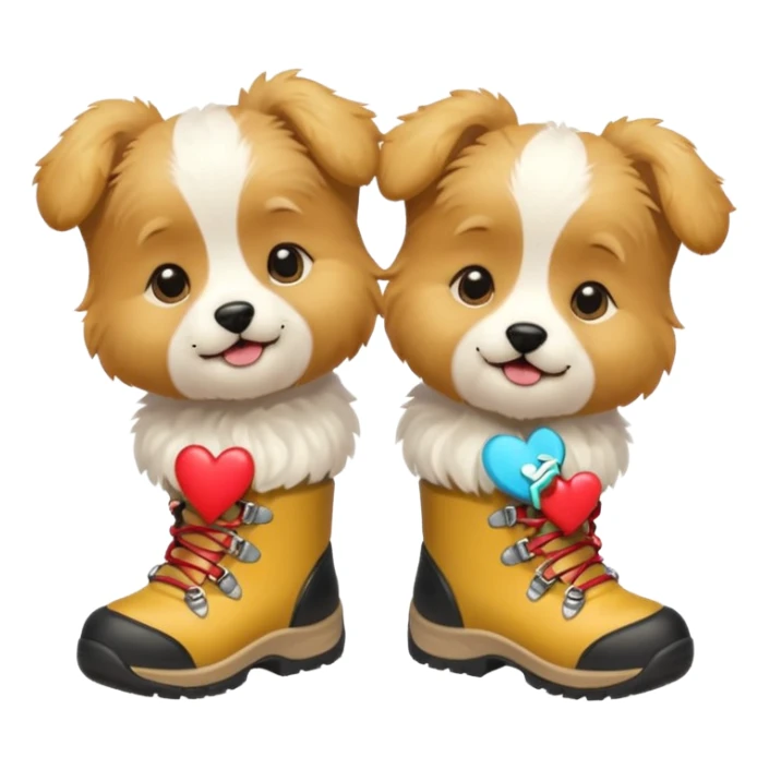 2 puppies with hiking boots on and a heart  sticker