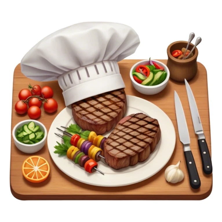 icon featuring a chef’s hat, a cutting board with fresh ingredients, a knife, a beautifully cooked ribeye steak, shashlik skewers, and a plate of food in the making. The design captures the passion of cooking with warm, inviting colors, and realistic textures. Transparent background. sticker