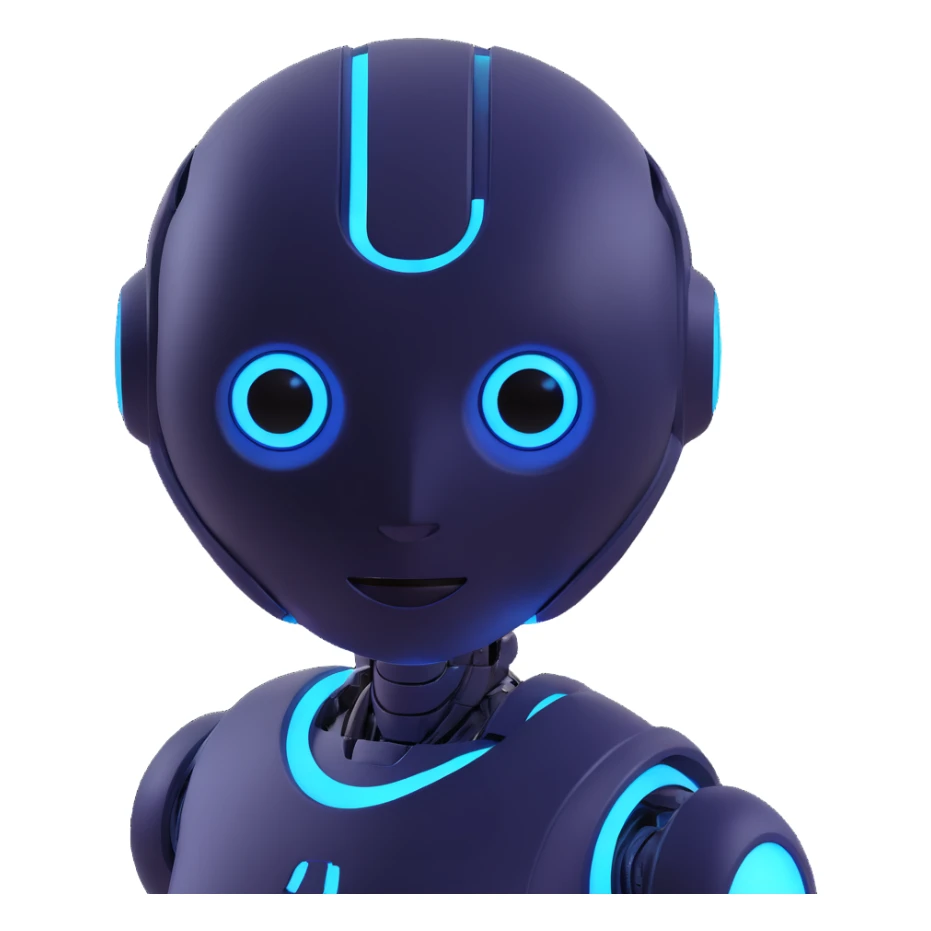 friendly futuristic AI bot with a digital face, glowing blue eyes, simple robot body sticker