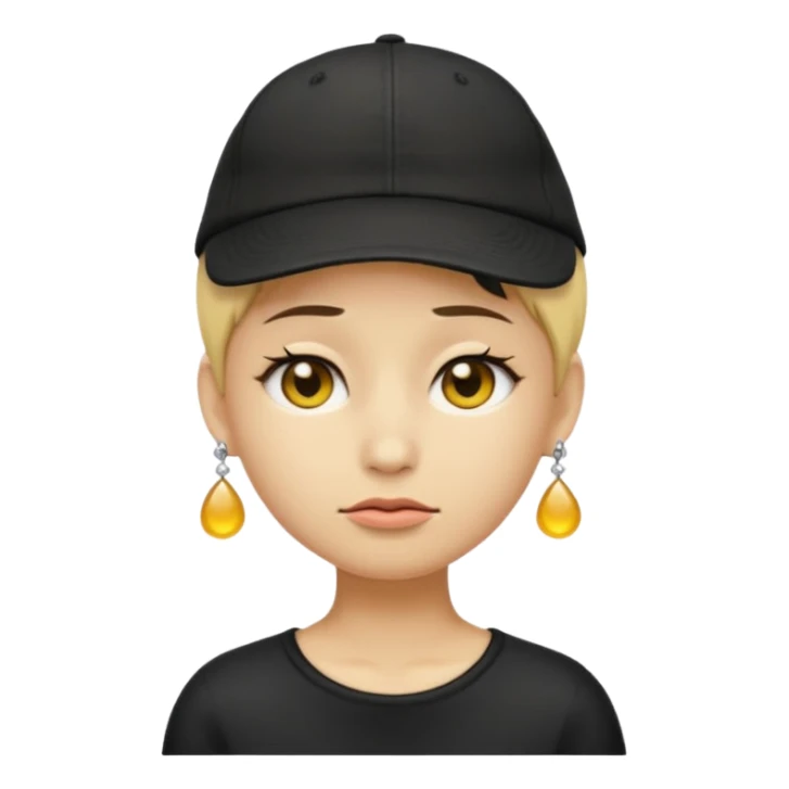 Create me an emoji like that, sad, with earrings, a black cap backwards, yellow skin like an emoji, and short hair down to the nape of my neck. sticker