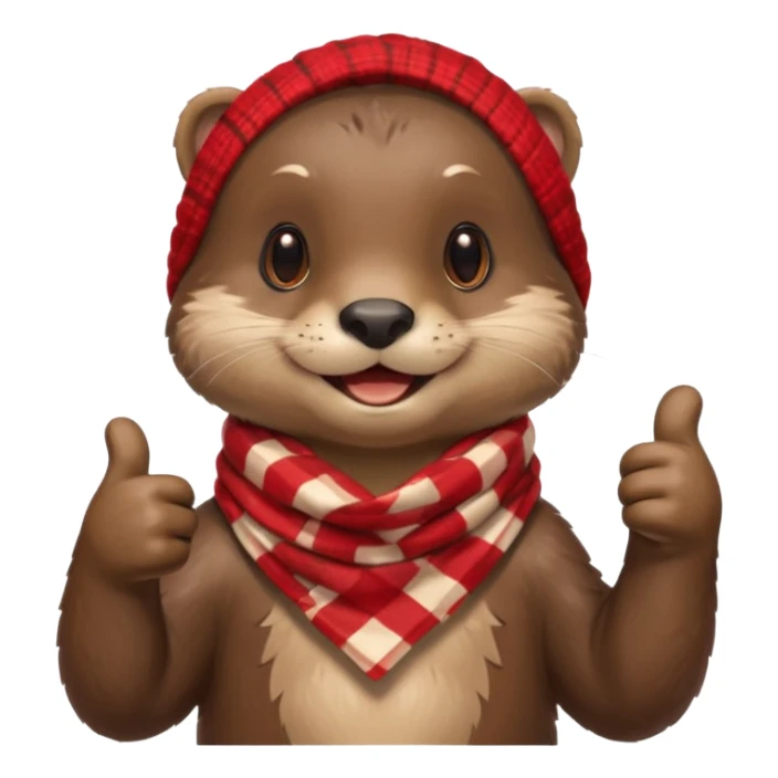 a cute otter smiling and giving thumbs up, wearing red Checkered Triangle scarf sticker
