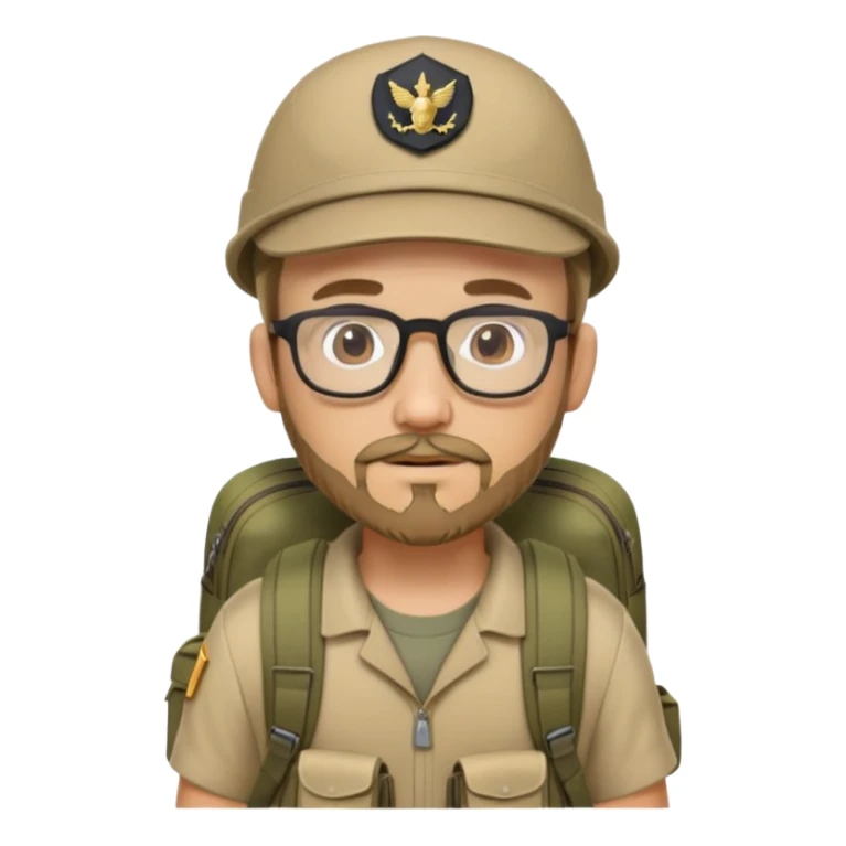 adventurer with goatee beard (no beard on cheeks), short hair, glasses, backwards military tan cap and backpack sticker