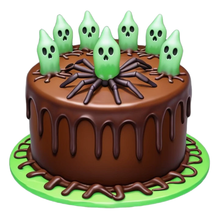 Chocolate Halloween cake with spiders and ghosts on top with webs on the side and green glowing frosting dripping down the sides  sticker