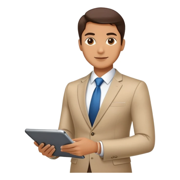 business executive confidently, holding a digital tablet or folder. The character wears smart business attire sticker