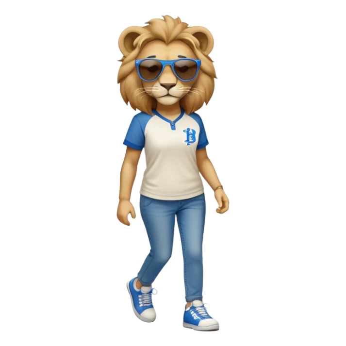 confident anthropomorphised female lion wearing a baseball shirt, jeans, trainers, dark sunglasses, walking upright, looking self-assured sticker
