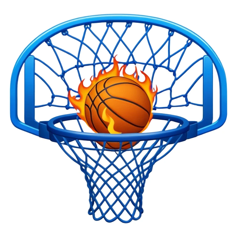 Blue basketball with flames effect passing through net, dramatic sports moment, iOS emoji style sticker