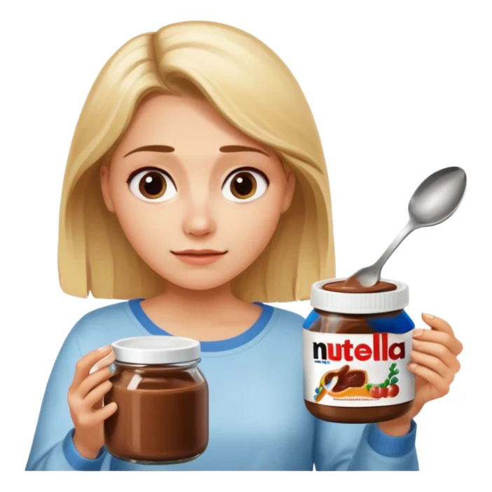 Nutella with a spoon. The glas of Nutella is almost empty . Only the one carriage of Nutella. Next to the Nutella is the head of a blond woman who is looking forward to eat the Nutella  sticker