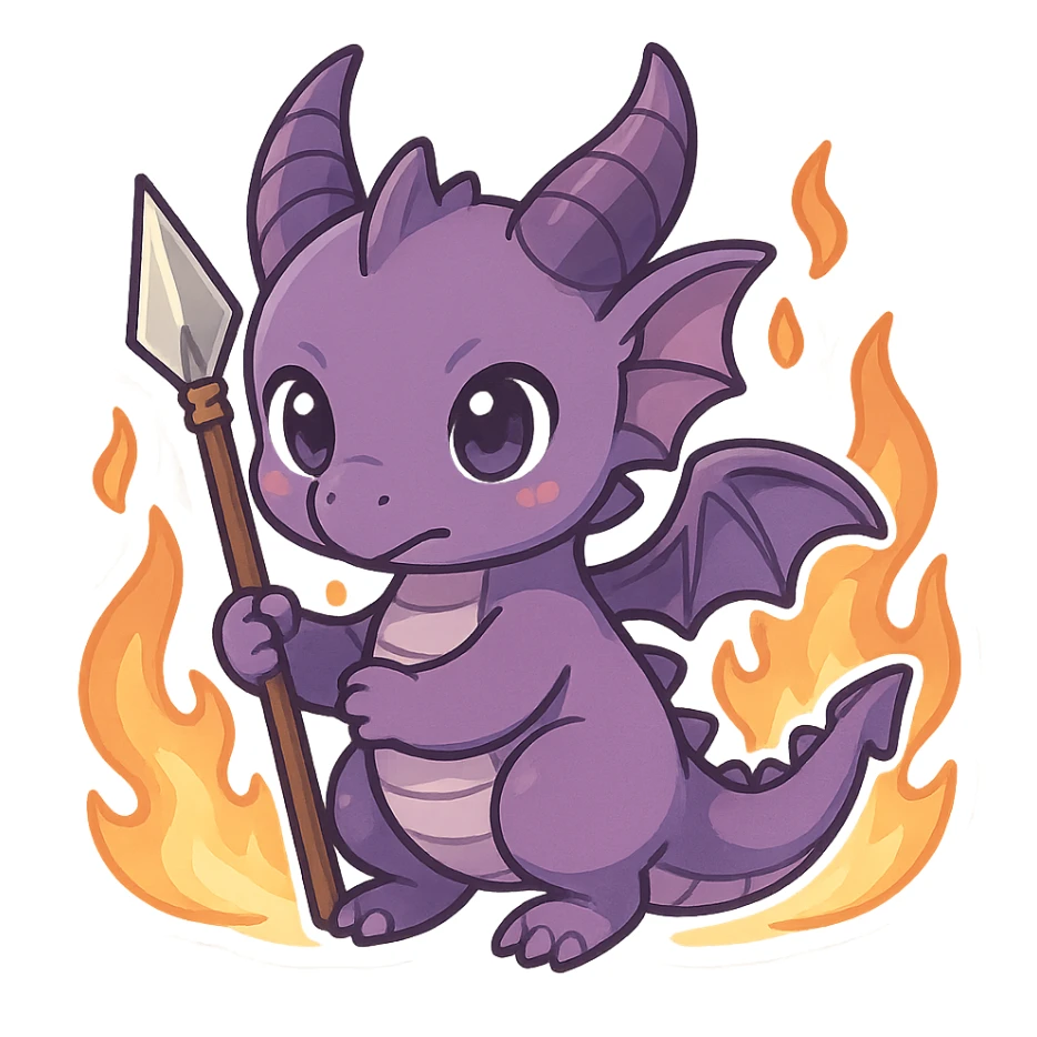 purple dragon in chibi anime style, holding a spear, surrounded by flames, cute, big eyes, small body sticker