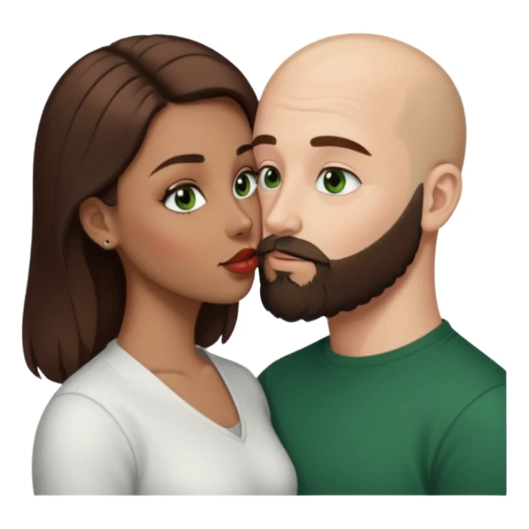 Man beard bald white dark green eyes, woman medium hair brown brown eyed latina kissing sticker