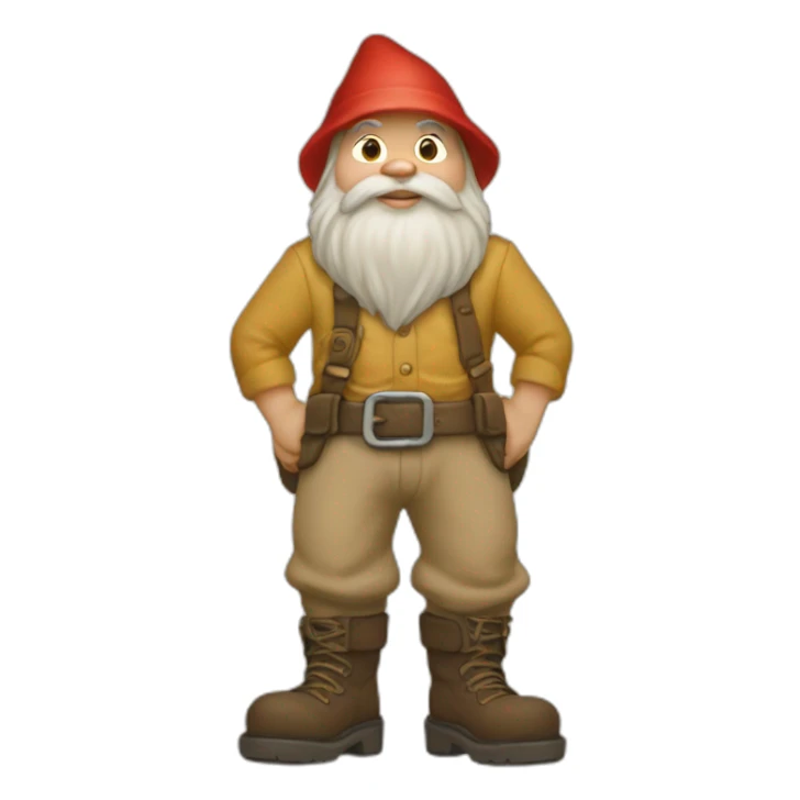 side view of gnome with light tan pants and boots squatting above small dirt sticker