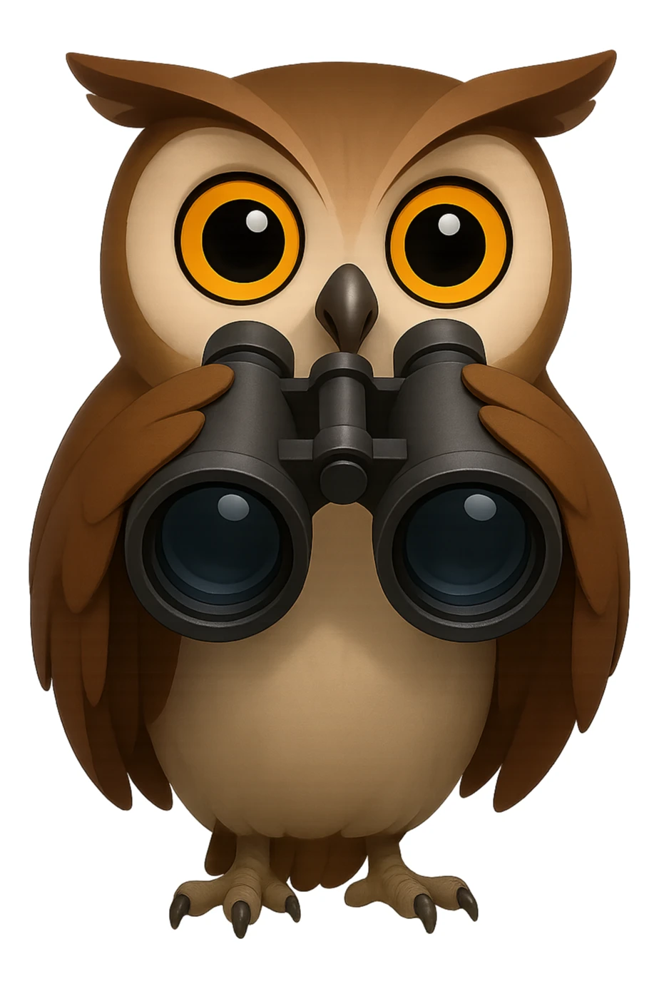Сова держит в крыльях бинокль и смотрит в него прямо на зрителя, прозрачный фон sticker