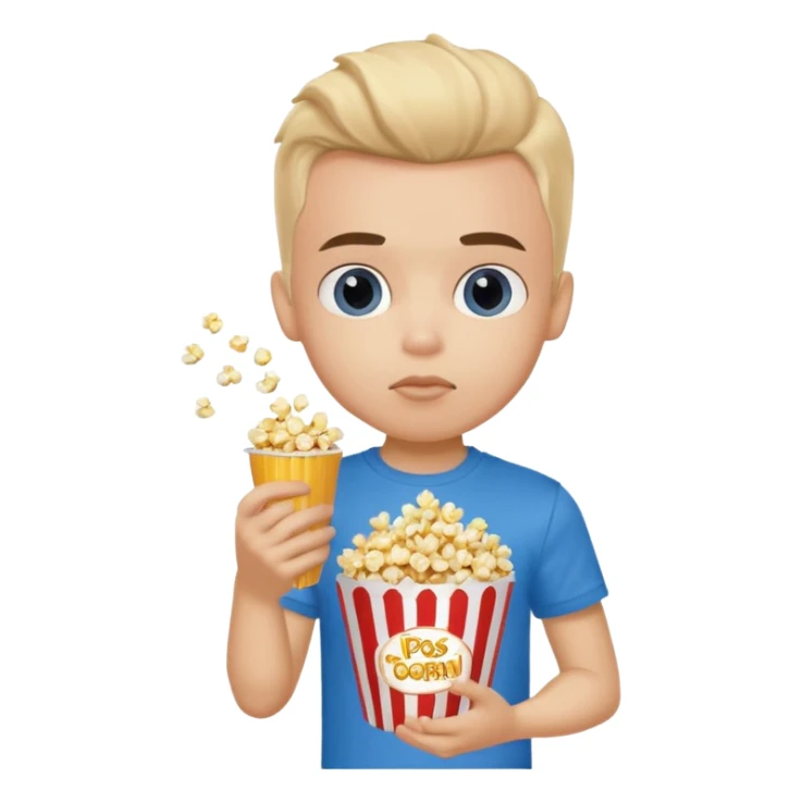 generate a pretty fair bratz boy with a blue tshirt on. eating popcorn sticker