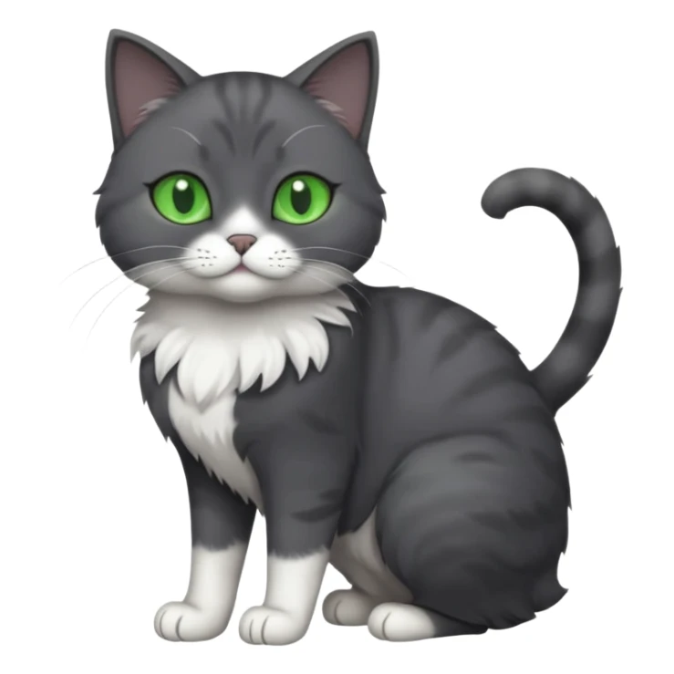 full body view of beautiful female solid dark grey cat with green eyes, white toes/paws and white patch on her chest sticker