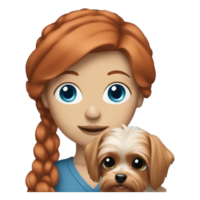 a red headed, blue eyed white woman holding a yorkie sticker