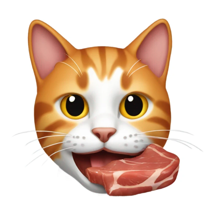 cat with Steak in the mouth. The cat is Orange  sticker
