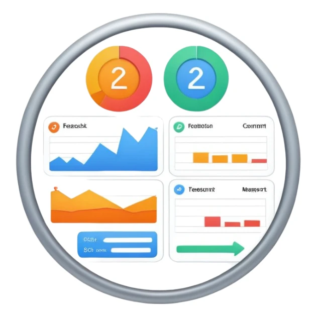 Organizational management system with feedback mechanisms, dashboard with arrows showing information flow, circular process with reports and comments sticker