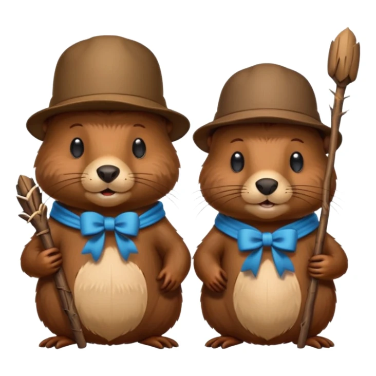 add a bow on the head of one beaver with another beaver without a bow on its head in a lodge of sticks and logs sticker