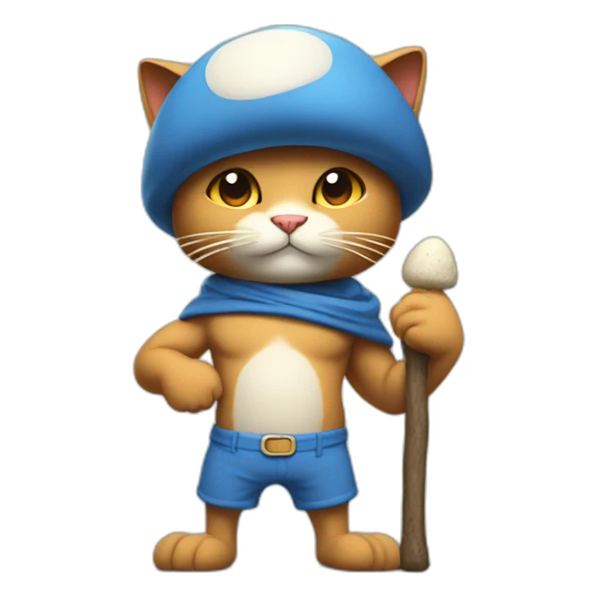 Strong muscles BLUE cat NO ears  wearing a mushroom cap carrying a stick in one arm standing on two legs with pants sticker