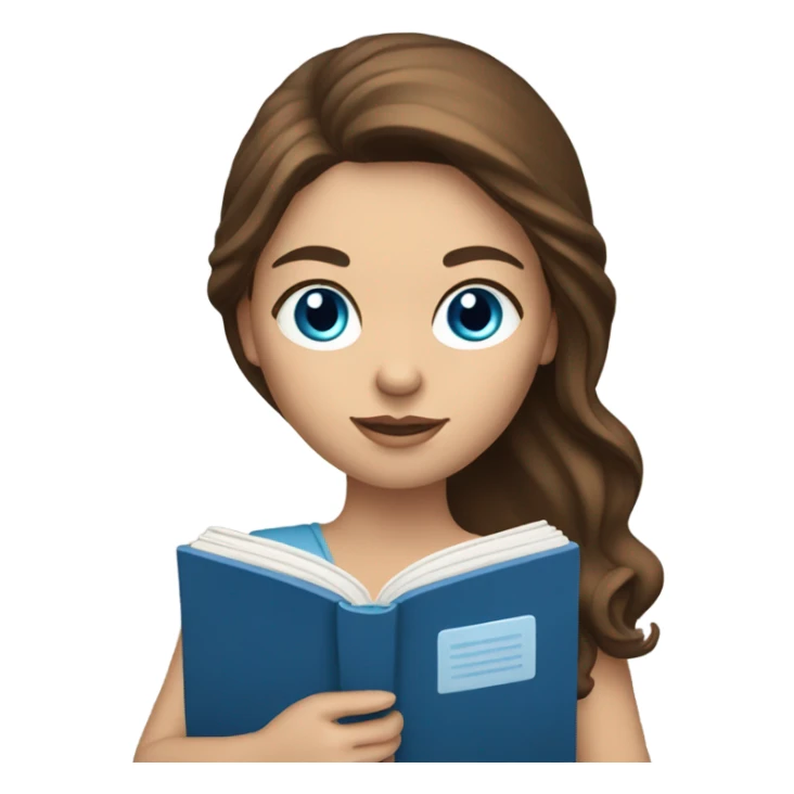 White skin woman with long brown hair, blue eyes, reading a book sticker