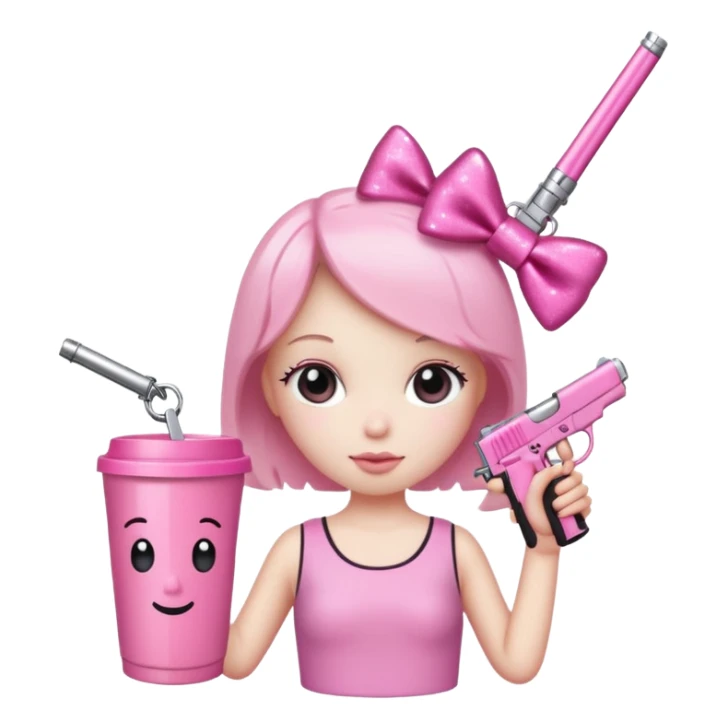 Minimalist stick figure with a cute pink aesthetic. It has a sparkly pink bow on its head, a pink gun keychain hanging nearby, and is holding a large pink tumbler cup. The background is simple white with a soft shadow for a clean look. sticker