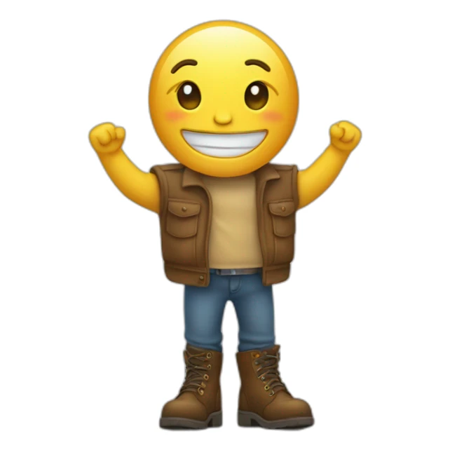 emoticon smiling easily with closed mouth, waving hands, wearing boots on short legs sticker