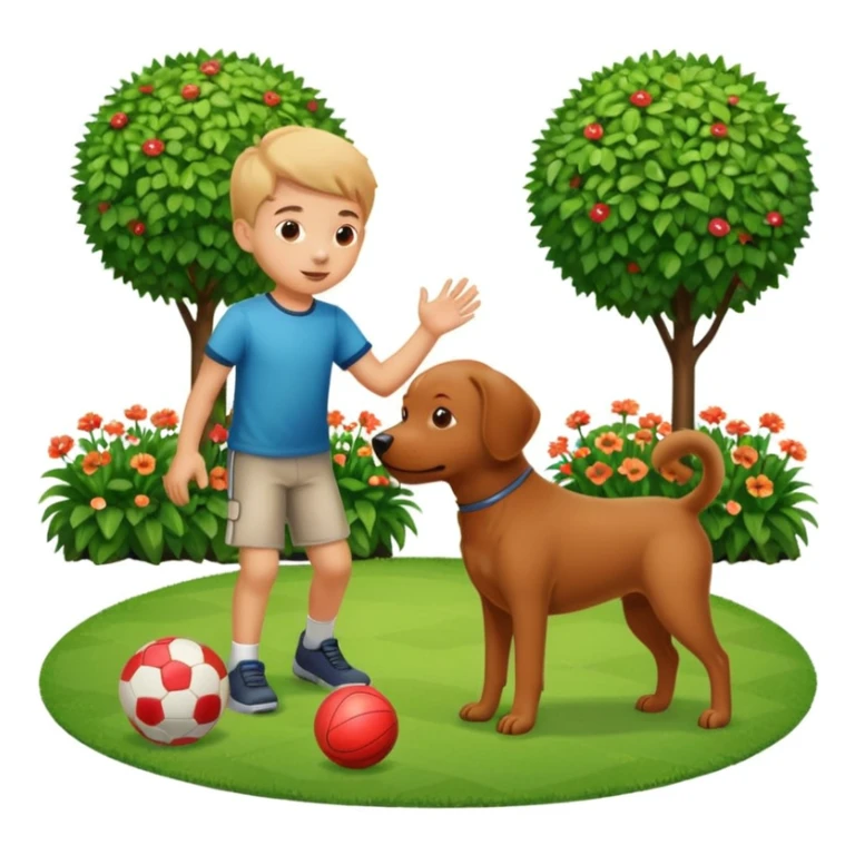 kid and dog playing with ball, garden background sticker