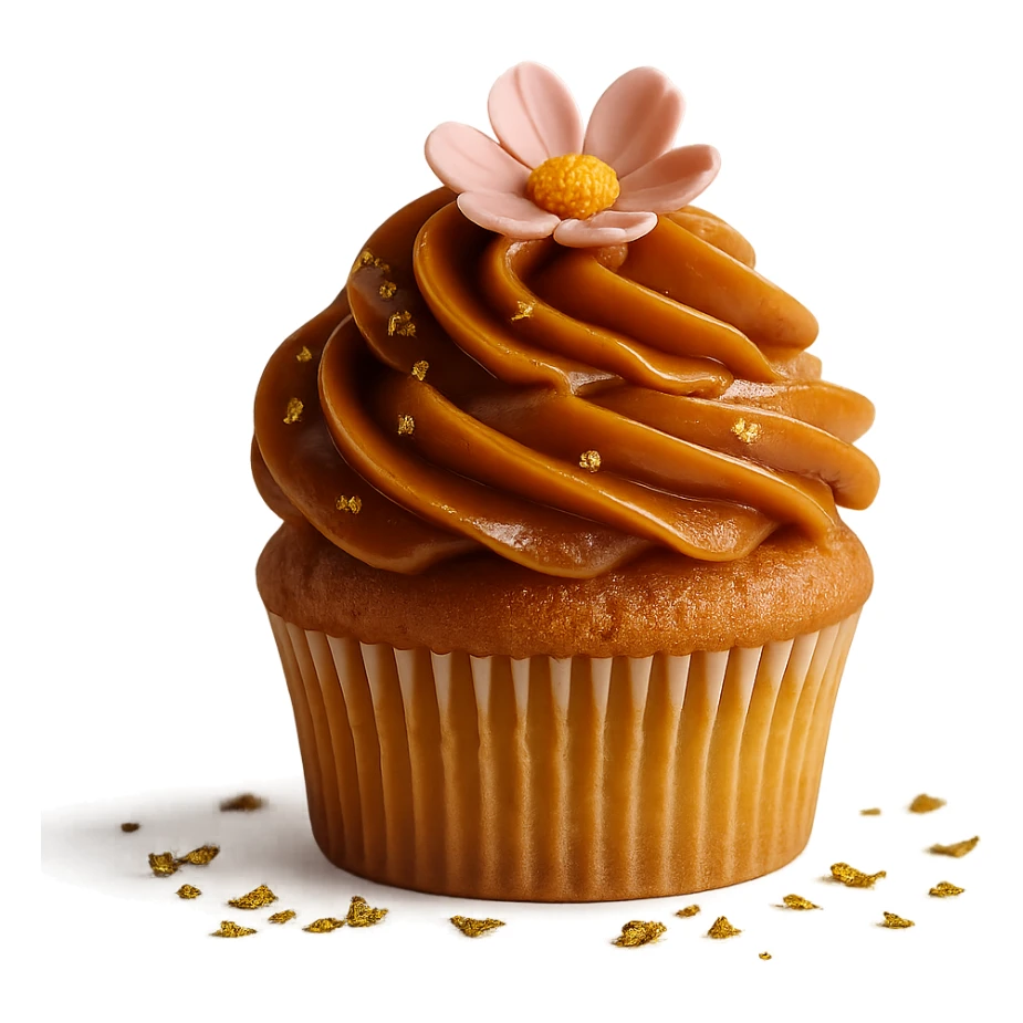 Change the icing to caramel, keep the realistic cupcake and accessories, photorealistic style, transparent background. sticker