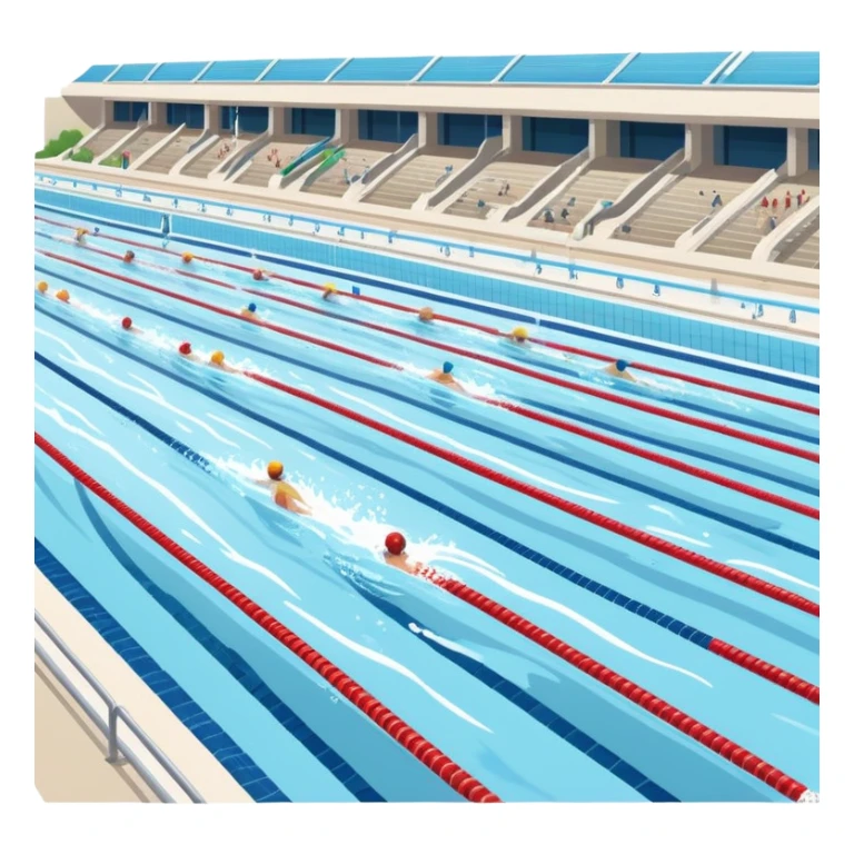 An icon featuring an Olympic swimming pool with multiple lanes and swimmers racing side by side. Splashes and lane dividers highlight the competition atmosphere. Transparent background emphasizes the energy, speed, and intensity of professional swimming events. sticker