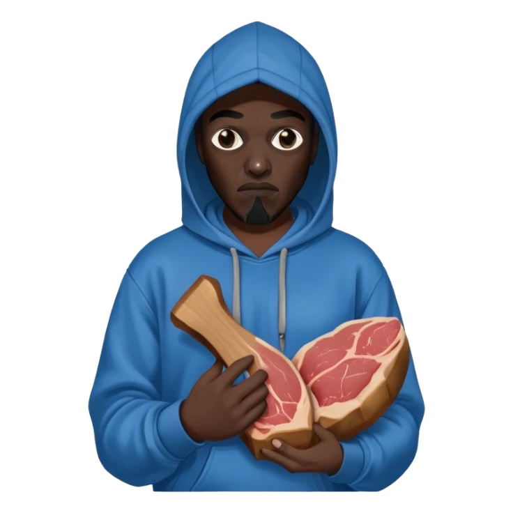 MF DOOM in a blue hoodie holding a piece of meat sticker