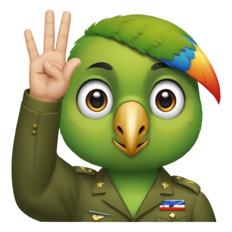 Green parrot face which doing a 'yes sir' gesture (right hand is raised in a military-style salute, with the fingers touching the forehead; The eyes are looking straight ahead, giving off a sense of respect, acknowledgment, or dut) sticker
