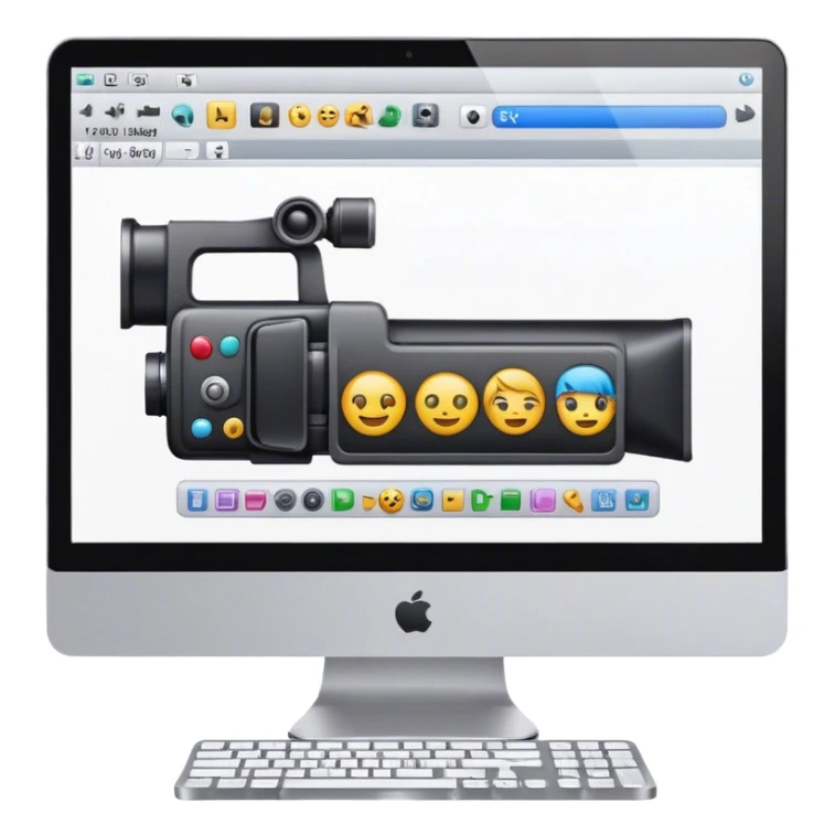 Create an emoji of video editing. Should feature a video editing timeline or interface on a computer screen, showing clips and a playhead. Include a video camera and editing tools. No smiley faces. Make the background transparent. sticker