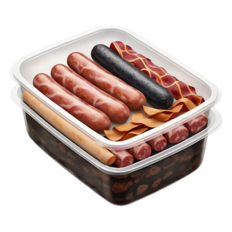Sausages, black pudding, white pudding, and bacon in sealed container  sticker