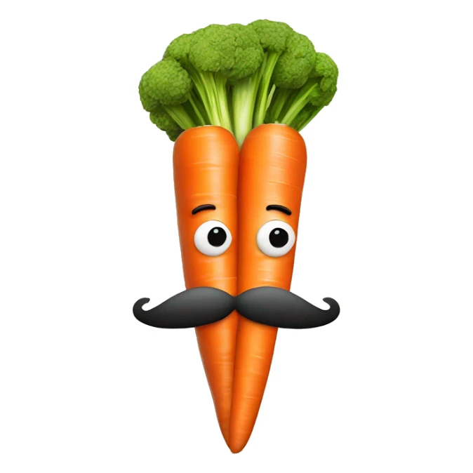 mustache above a large carrot with two meatballs pushed up under the carrot sticker
