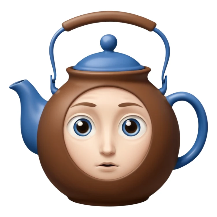 brown teapot, with a concerned expression including big blue eyes. It has human legs on the bottom, and a human hand connected to its handle. sticker