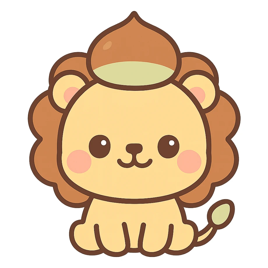 kawaii lion character with a chestnut hat, round face, soft colors, chibi style, smiling warmly sticker