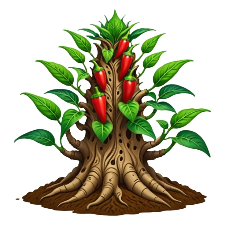 Very Large decorative gnarled alien-futuristic multi-tier space-efficient seeding plant rack, which holds tiny hot pepper plants, constructed from mud and coconut fiber matrix  sticker